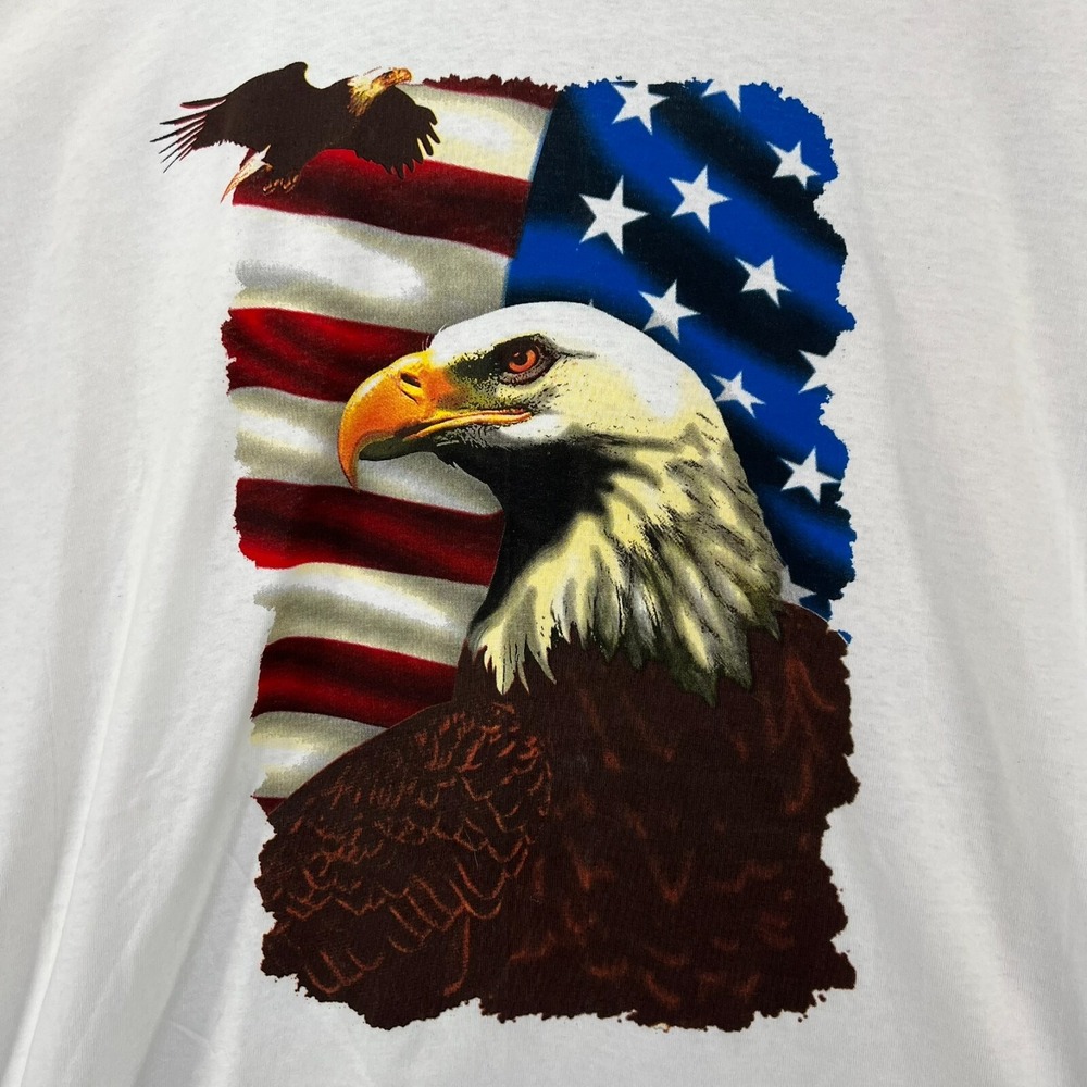 VINTAGE American Flag Eagle Patriotic Adult XL USA‎ White T Shirt Single Stitch